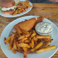 Fried cheese "smažák" with fries and tartar sauce. Tastes like real cheese at Eaternia in Prague