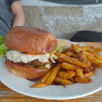 Burger with fries and siracha soyanaise at Eaternia in Prague