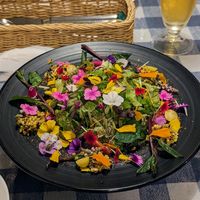 Regional flower edible salad with mashed pumpkin at Vege&bar Shinbar in Toyama
