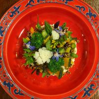 Potato with seasonal vegetables and olive crumble. at Vege&bar Shinbar in Toyama