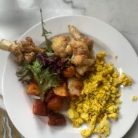 Tofu scramble with seasonal veggies, side salad, and homefries at Cafe Otis in Norwich