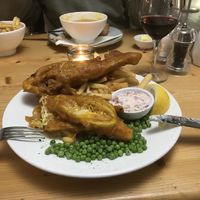 This is the vegan “fish & chips” made from battered banana blossom ! Delicious but far more than I could eat! at Olive Tree in Bude