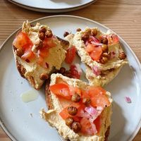 Hummus bruschetta and crispy chickpeas  at The Courtyard in Looe