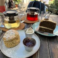 Scones and coffee walnut cake  at The Courtyard in Looe
