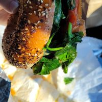 Extremely messy vegan breakfast sandwich at The Red Bird Cafe in Roslyn