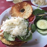 Bagel with cashew cheese, fresh veggies and kraut! at The Red Bird Cafe in Roslyn