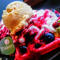 Raspberry waffle, vegan whipped cream, ice cream, cranberries and kiwi. at Yuícery - Hospitalstraße in Stuttgart