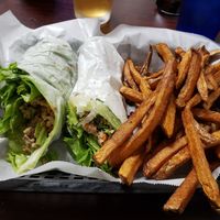 Not your mother's chicken salad(TVP) lettuce wrap with fries. at Dooley's in Wilkesboro