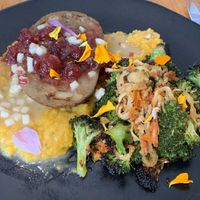 Vegan chicken with butternut squash purée and cranberries at Pine in Hanover