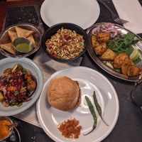 Vegan options !! Soy kebab w pineapple in top corner at Dishoom - King's Cross in London