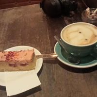 Chai latte with oat milk and blood orange cake at 200 Degrees Coffee in Leeds
