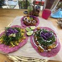Tacos de pastor, machaca de garbanzos y papa al curry at La Pitahaya Vegana - Mercado del Carmen San Ángel in Mexico City