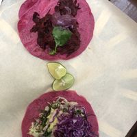 Jamaica and crudi tacos  at La Pitahaya Vegana - Mercado del Carmen San Ángel in Mexico City