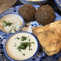 Falafel, dips and bits as part of platter  #Veganuary at Hummus Chiang Mai in Chiang Mai