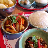 Tofu tamarind, Butternut squash and cashew curry, pumpkin crackers and spring rolls at Rosa's Thai Cafe in Liverpool