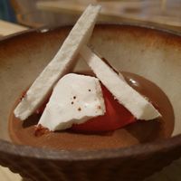 Divine vegan dessert. chocolate and mareng and rusberry at Hügge in Turku