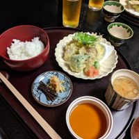 Tempura, miso, rice, pickled veggies at Haginoya in Nakatsugawa