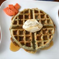 Chaya (spinach) Belgian Waffle with jalapeño syrup and cashew crema  at Origin  in San Pedro