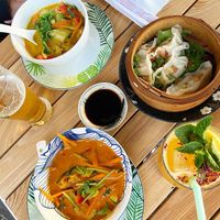 Thai green, thai red, and veg gyozas at Bangkok Cafe in Antibes
