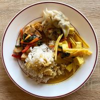 Basilic tofu, thai green curry, rice, veg gyozas at Bangkok Cafe in Antibes