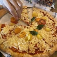 Margherita pizza with vegan cheese.  at Sandstone Point Hotel in Sandstone Point