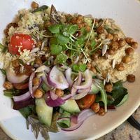 Lovely staff. Separate vegan menu and also vegan suitable food like this Buddha bowl. Followed by an oat milk hot chocolate. Lovely inside    at Oriel in Poole