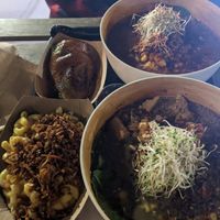 Two bowls of ramen, the Mac n miso, and miso roasted avocado. Sorry for the bad lighting! at REDWHITE BONELESS RAMEN - Boston in Boston