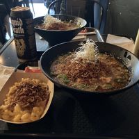 Yuzu (back) original miso (front) Mac and truffle (front left)  at REDWHITE BONELESS RAMEN - Boston in Boston