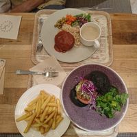 Vegan karaage burger with L size fries, and vegan hamburger at Pique Cafe in Tokyo