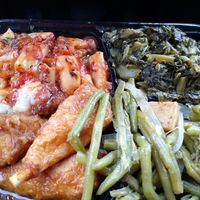 Ziti, sesame wings, collards, green beans at ELife - Anacostia Arts Center in Washington