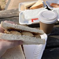 Vegan sausage sandwich and soy latte  at The Orchard Cafe in Worcester