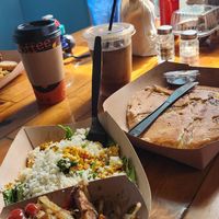 tofu scramble with vegan cheese, hash browns and a vegan banana pancake at Freshfit Cafe in Nags Head