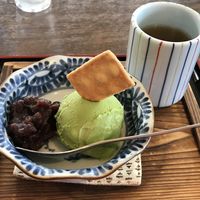 vegetarian matcha icecream at Sobadokoro Shojiya in Yamagata