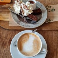 Brownie and cappucino at Bistro Calypso in Eindhoven
