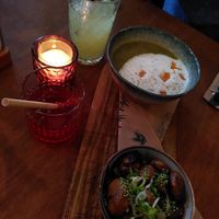 Sticky mushroom & seasonal soup with vegan salmon at Bistro Calypso in Eindhoven