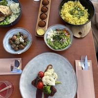 Classic bitterballen in the center,  green curry and the maroccan stew  at Bistro Calypso in Eindhoven