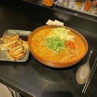 gyoza and spicy miso ramen  at Shinbu Sakiya Ramen - 麺匠真武咲弥 in Tokyo