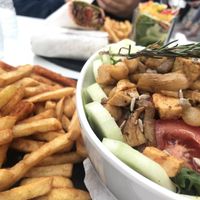 Buddha bowl with oyster mushroom chicken & 10 out of 10 Paprika chips 😍 at Choco Kebab Cafe in Bugibba