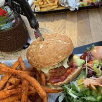 Volcanic burger with Beyond Meat patty, sweet potato fries and salad  at Choco Kebab Cafe in Bugibba