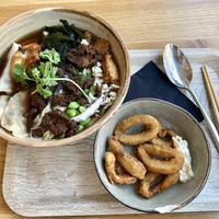 Chinese herbs noodle soup and calamares   at Liu Lin in Brussels