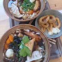 Bottom: Chinese Herbal Noodle Soup; top: Joyful Taiwan Noodle Soup; right: Calamares at Liu Lin in Brussels