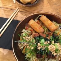 vegan calamari & noodles with tofu skewer in lalot leaves  at Liu Lin in Brussels