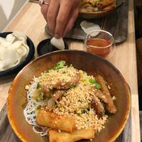 'prawn' crackers and noodle bowl with soy strips and spring rolls at Liu Lin in Brussels