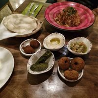 Mezze plate and Spaghetti Lentil at Naranj in Marrakech