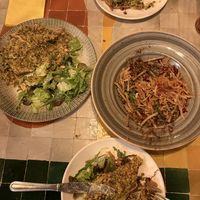 Aubergine bulgar and harak issabaou mains - both super tasty!  at Naranj in Marrakech