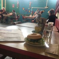 My humus bagel and coffee and a sense of the atmosphere  at DP1 Cafe in Greymouth