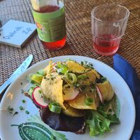 Danish "Smørebrød", ryebread with potatoes. Ordered without the lemon mayo for a vegan option. at Søster Sidevind in Samso