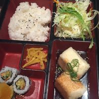 Vegetarian bento box, sushi rolls have egg mayonnaise and the tofu is with teriyaki sauce at Ishikiya in Midland