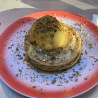Vegan Pancake with saffron and homemade pistachios ice €15.50  at Moak Pancakes - West in Amsterdam