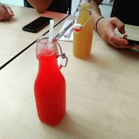 Watermelon juice to the front, apple juice to the back ... I didn't appreciate the straw, but they always put them everywhere ... at Moak Pancakes - West in Amsterdam